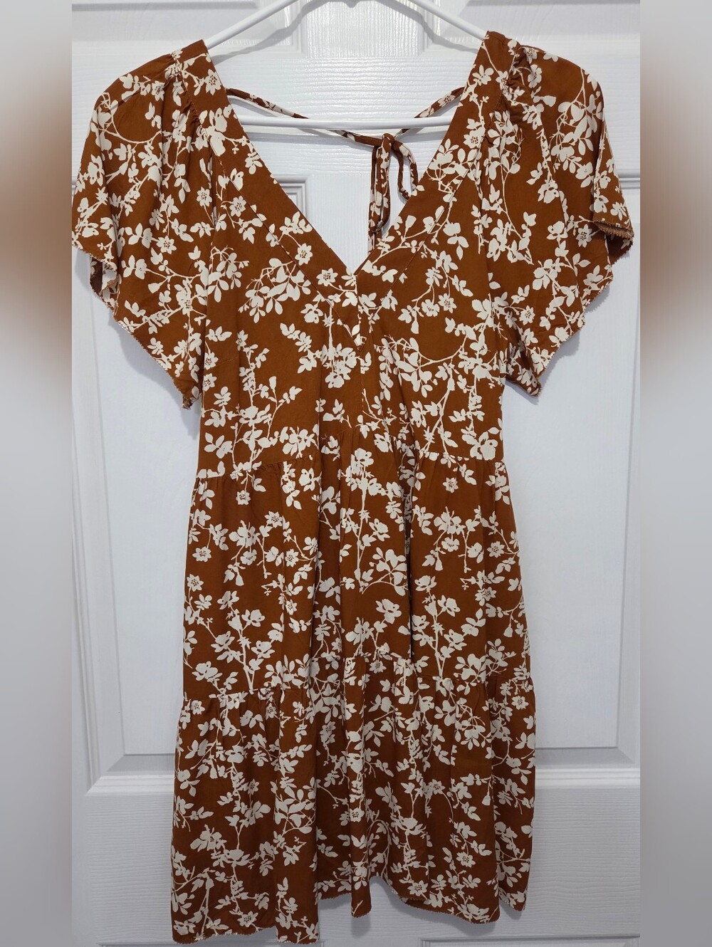 Old Navy Brown Floral Short Sleeve Tiered Mini Dress Sz Small Petite Boho Casual - Picture 2 of 13
